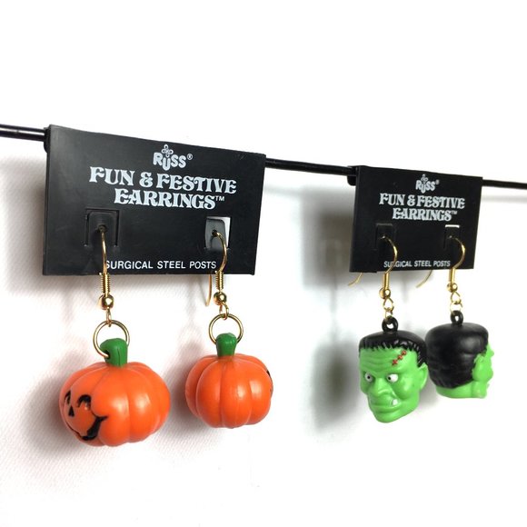 VTG Russ Frankenstein & Pumpkin Dangle Earrings NWT - Picture 3 of 4